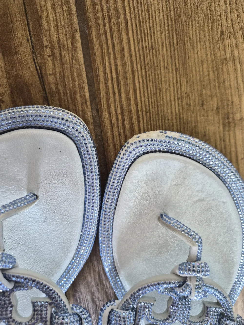 Tory Burch Miller Pavé Summit Pale Blue Braided Logo Knot Thong Sandals